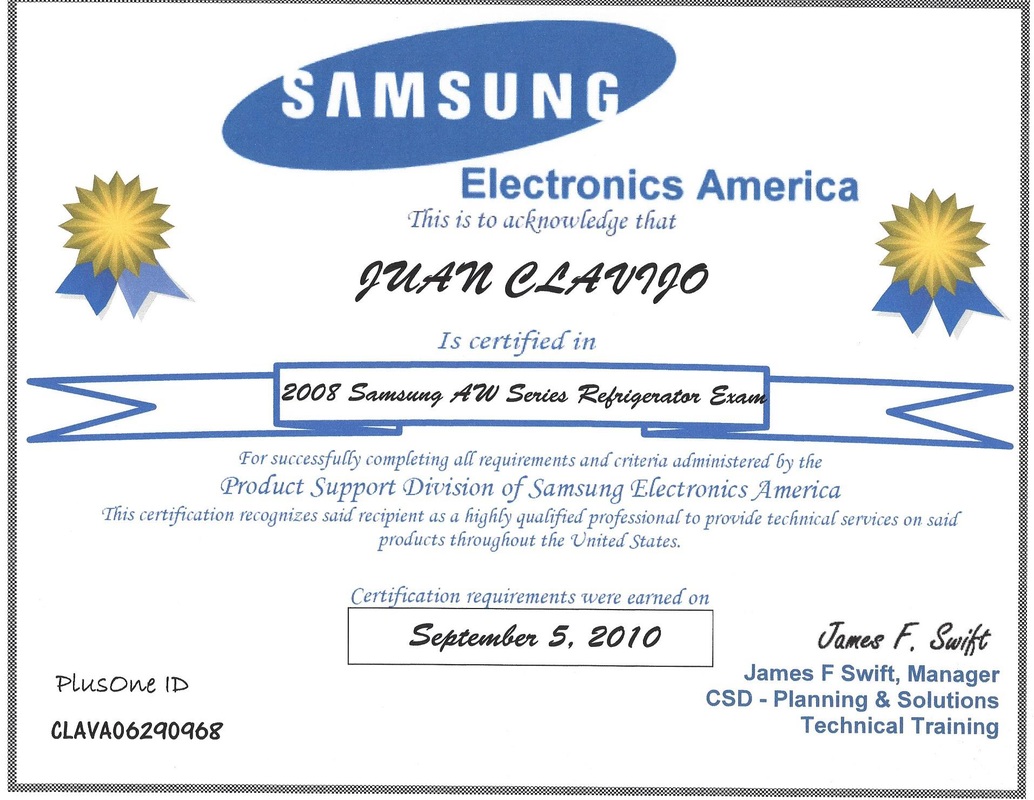 Samsung Refrigerator Certificate of Service